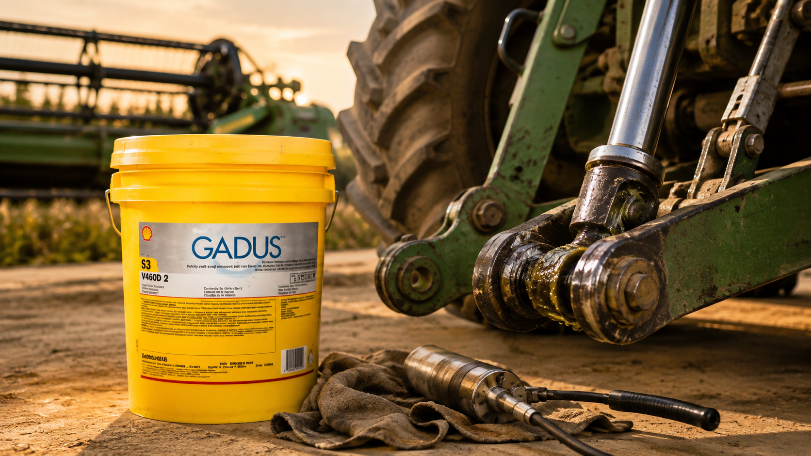 Balde de grasa Shell Gadus junto a maquinaria agrícola