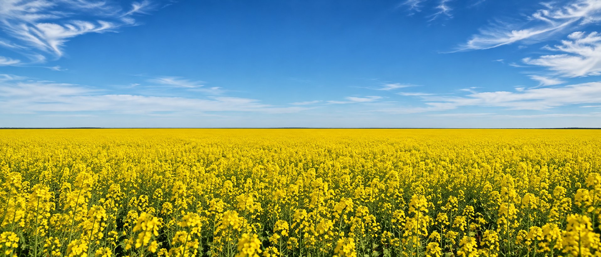 Campo de colza en flor con el horizonte centrado